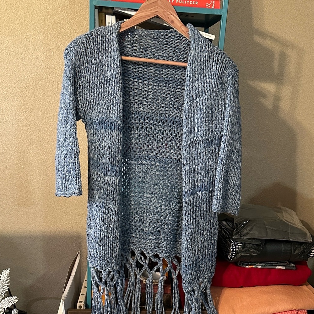 Hand Knit Blue Cotton Women's Textured Cardigan with Fringe
